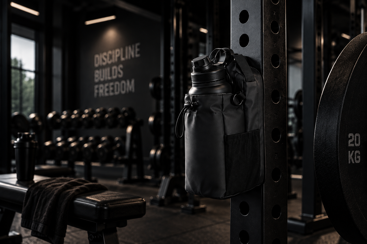 Die VEYNE Magnetic Gym Bag hängt magnetisch an einem Rack im Gym.