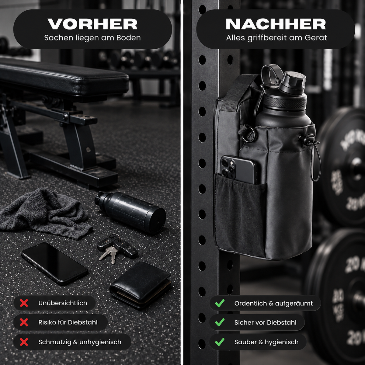 Vorher-Nachher: links Handy, Flasche und Sachen auf dem Boden, rechts alles in der VEYNE Magnetic Gym Bag am Trainingsgerät