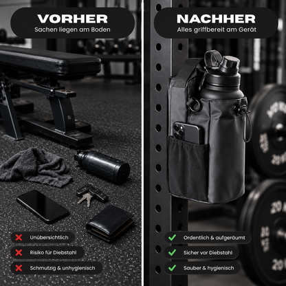Vorher-Nachher: links Handy, Flasche und Sachen auf dem Boden, rechts alles in der VEYNE Magnetic Gym Bag am Trainingsgerät