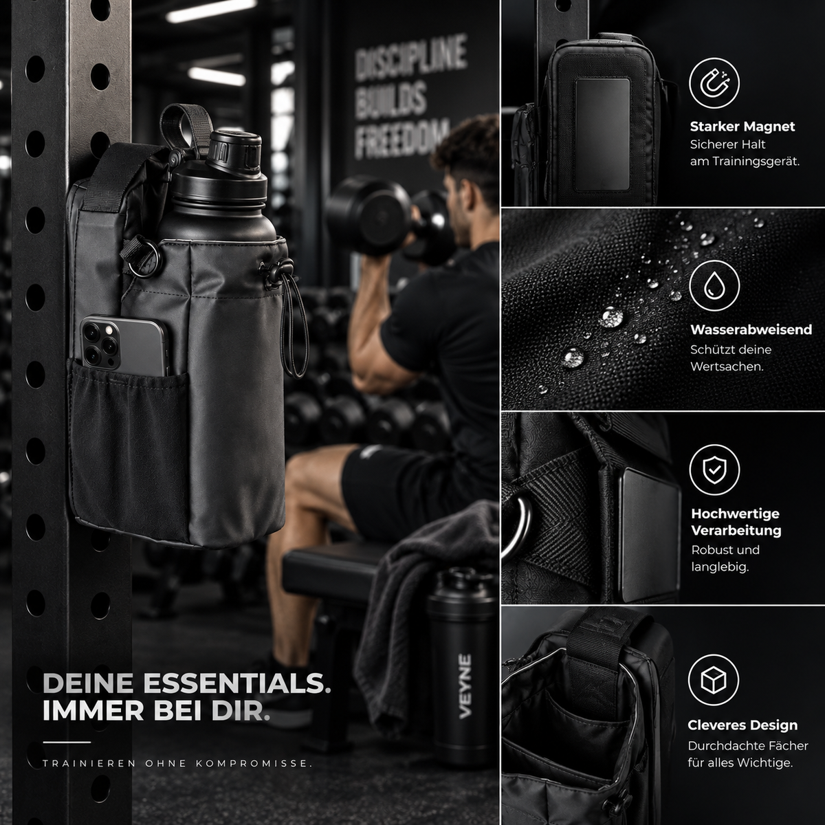 VEYNE Magnetic Gym Bag am Kraftgestell im Fitnessstudio, daneben Detailansichten der Tasche