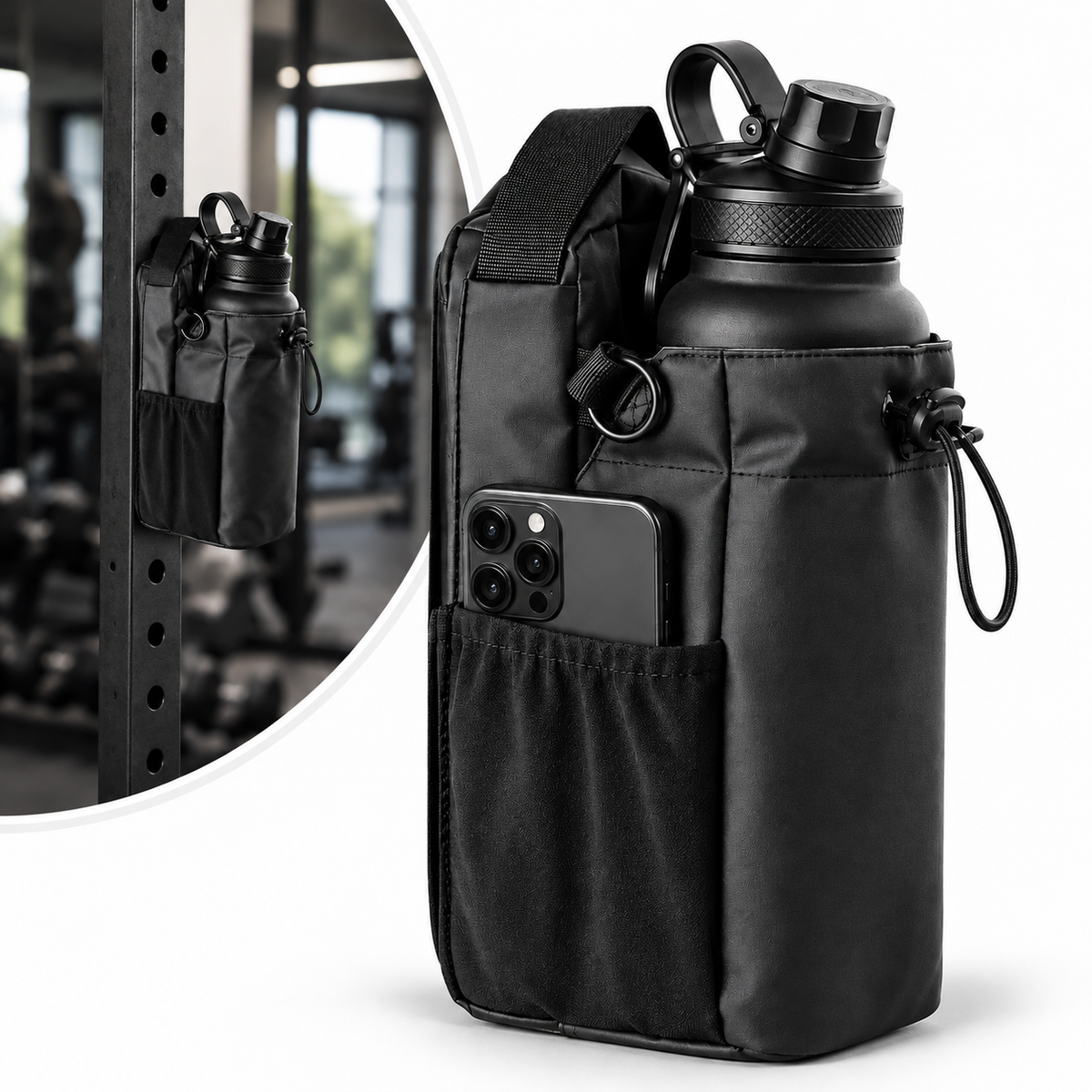 VEYNE Magnetic Gym Bag mit Trinkflasche im vorderen Fach und Smartphone im Seitenfach vor einem Kraftgestell im Fitnessstudio