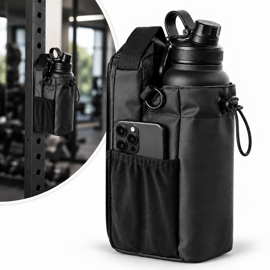VEYNE Magnetic Gym Bag mit Trinkflasche im vorderen Fach und Smartphone im Seitenfach vor einem Kraftgestell im Fitnessstudio
