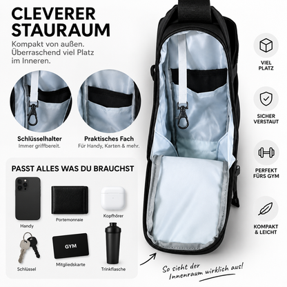 Innenansicht der VEYNE Magnetic Gym Bag mit Fächern und Beispielen für Inhalte wie Handy, Schlüssel und Kopfhörer