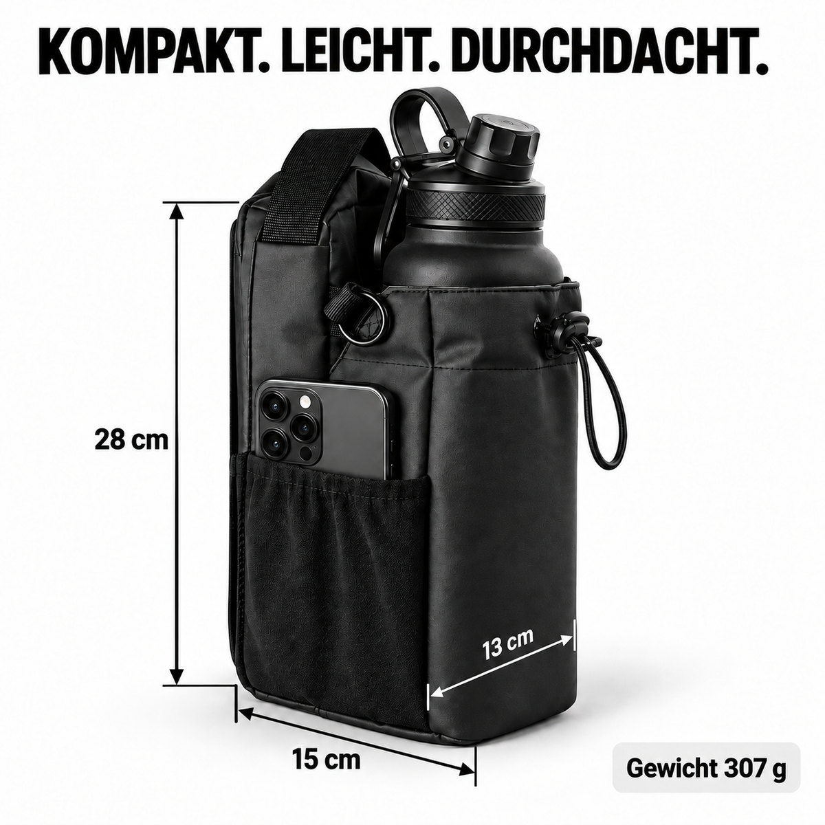 Maße der VEYNE Magnetic Gym Bag: ca. 28 × 15 × 13 cm, ca. 0,3 kg