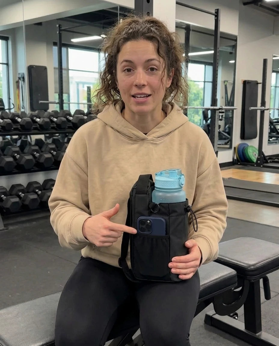 Frau im Gym zeigt auf das Smartphone im Seitenfach der VEYNE Magnetic Gym Bag mit hellblauer Trinkflasche