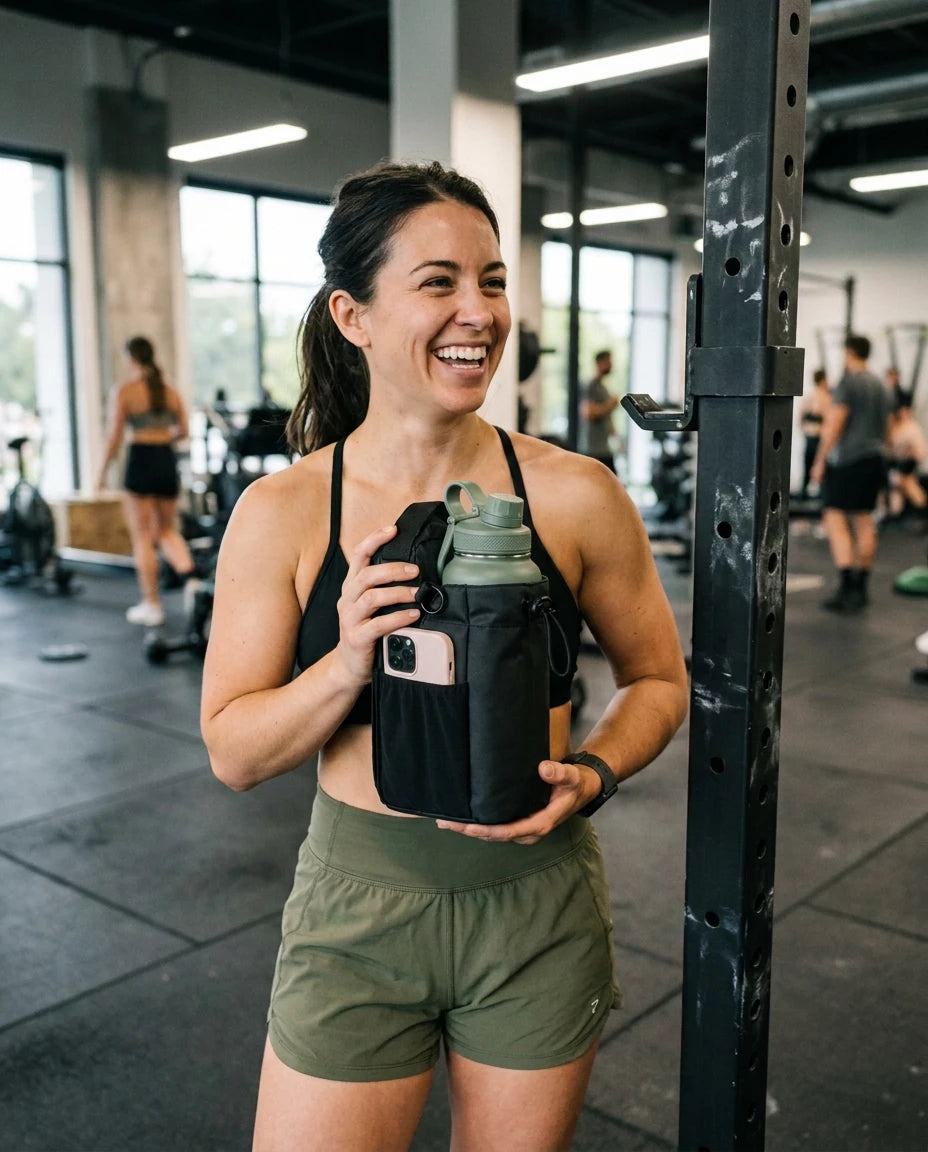 Sportlerin hält die VEYNE Magnetic Gym Bag mit grüner Trinkflasche und Smartphone neben einem Rack im Fitnessstudio