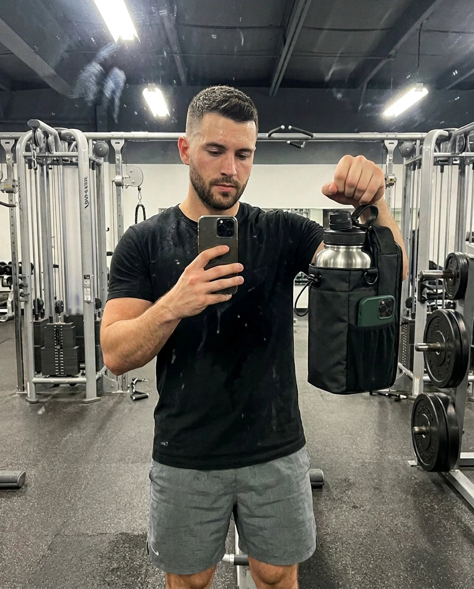 Mann hält die VEYNE Magnetic Gym Bag mit Edelstahlflasche beim Spiegel-Selfie im Fitnessstudio
