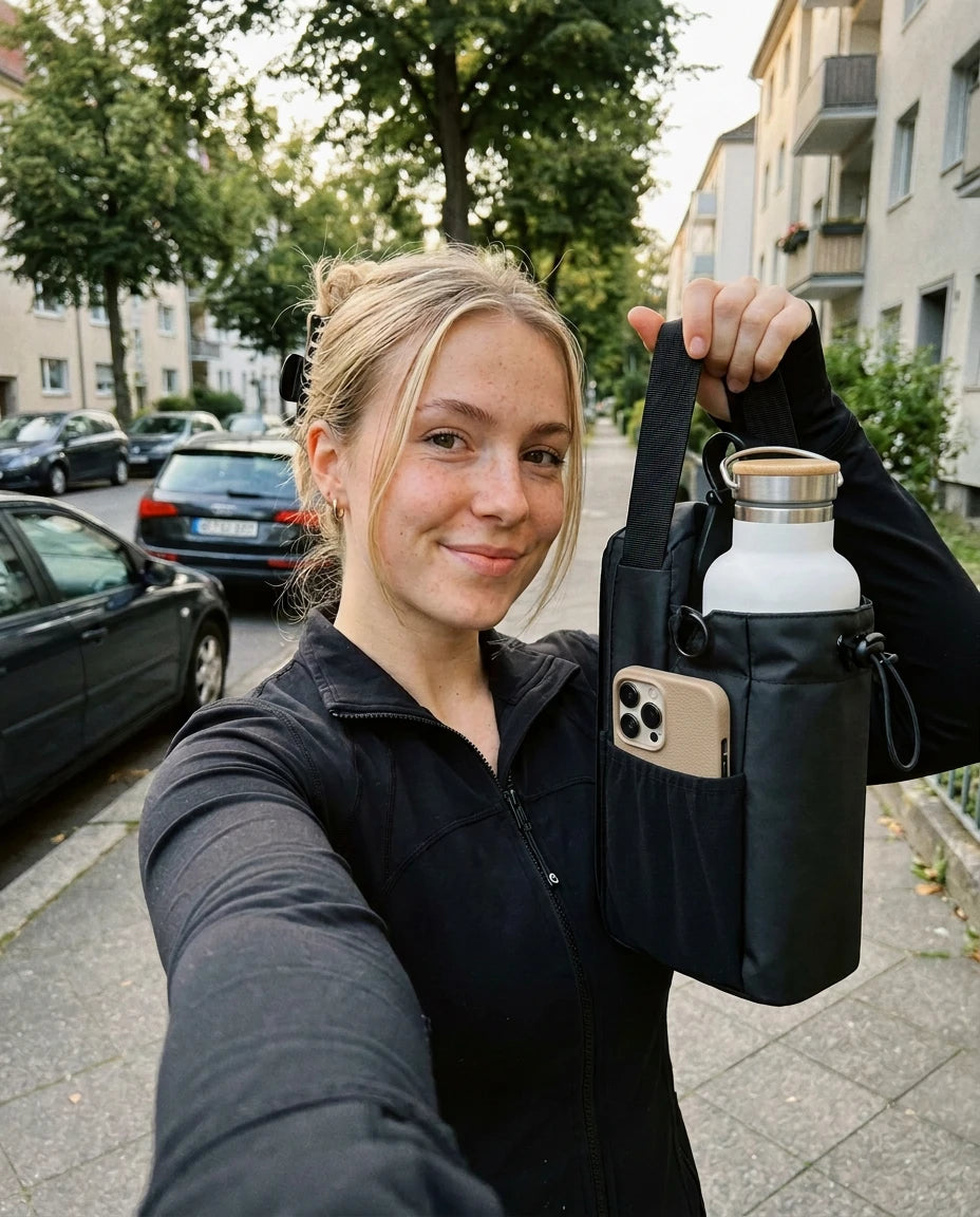 Frau trägt die VEYNE Magnetic Gym Bag mit weißer Flasche und Handy auf dem Weg ins Gym