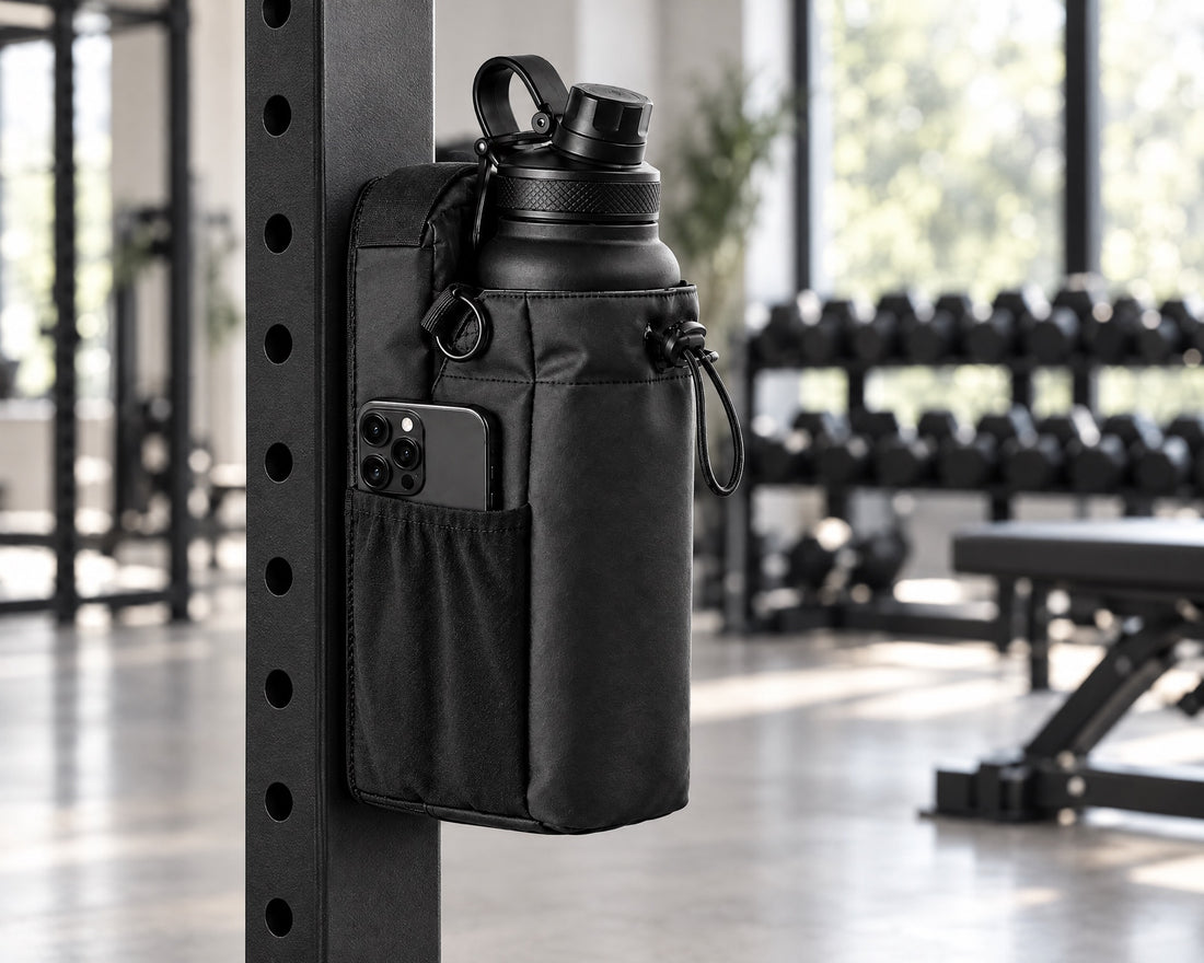 Die VEYNE Magnetic Gym Bag haftet mit Flasche und Smartphone am Stahlrahmen eines Racks im Fitnessstudio.